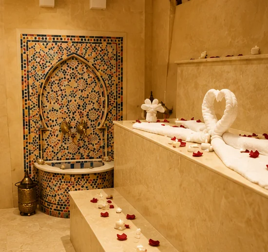 Espace hammam de Thaï Sabai avec fontaine en mosaïque