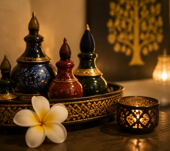 Objets de soin thaïlandais et fleur de frangipanier chez Thaï Sabai