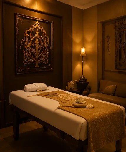 Cabine de massage thaï de Thaï Sabai, ambiance tamisée